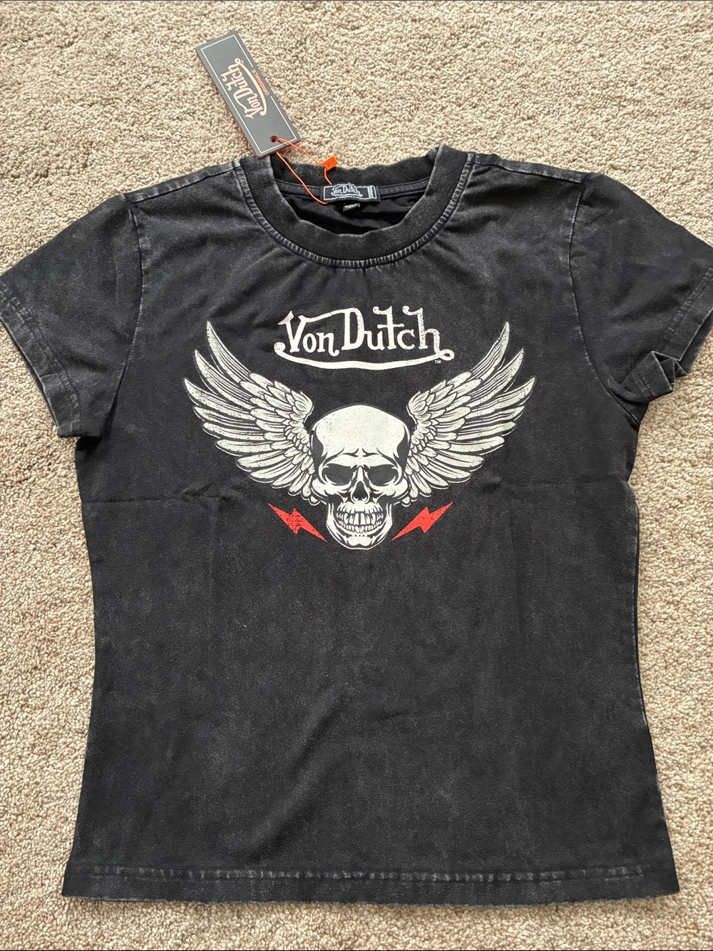 Von Dutch Women's Black vintage wash Short Sleeve Graphic Tee with Winged Skull